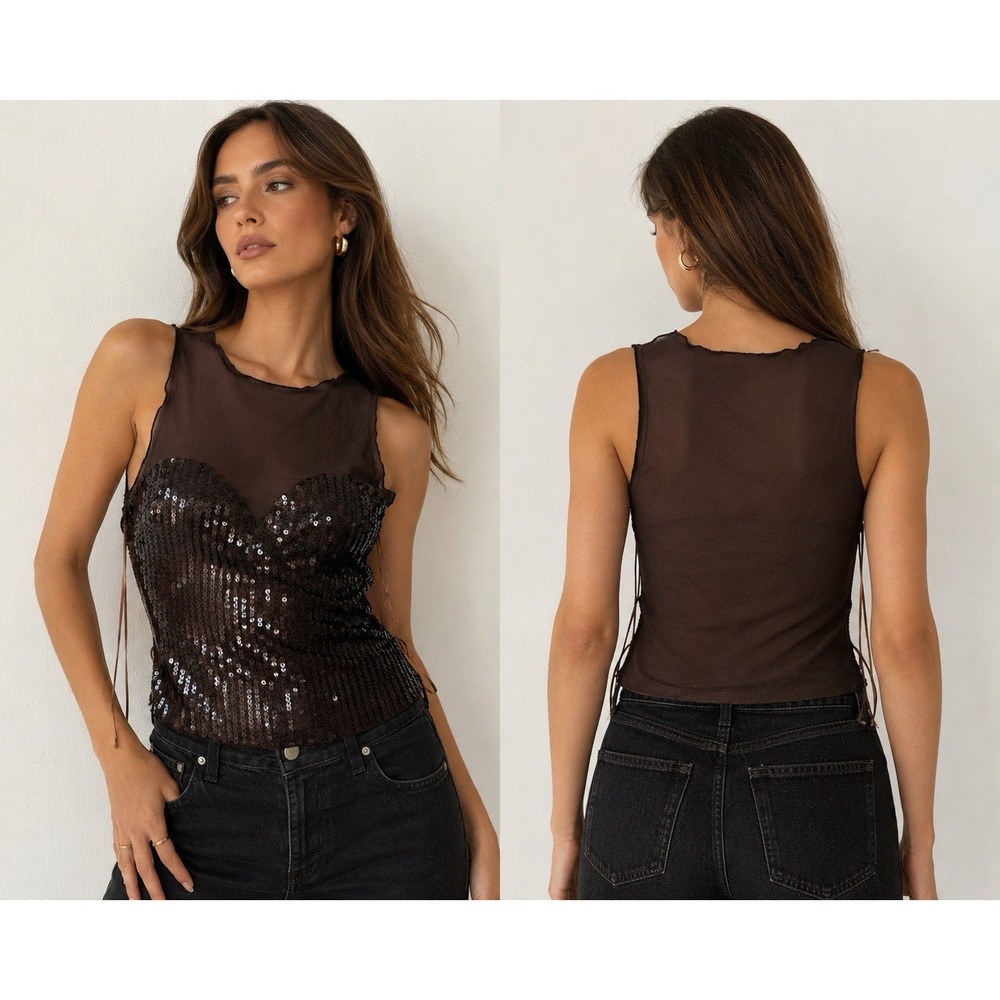 ZARA Women's Size Small Brown Sequin Sheer Mesh Sleeveless Party Top Shimmer